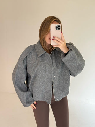 BONNIE Wool Look Long Sleeved Zip Up Bomber Jacket In Grey