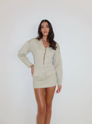 LUCIA Long Sleeved Knit Cardigan & Skirt Co-Ord In Pistachio