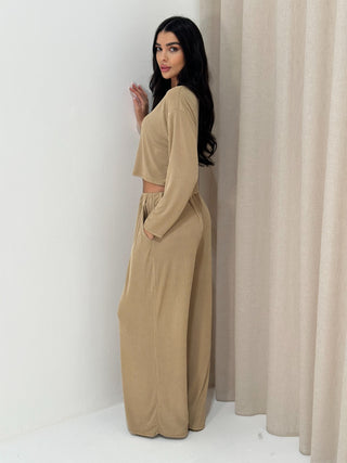 Caramella LENA Ribbed Cardigan Top and Wide-Leg Ribbed Lounge Set in Biscuit