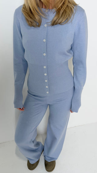 EVERLY Knitted Button Cardigan & Wide Leg Trouser Lounge Set In Blueberry