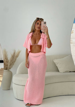 ZENA Crochet Knit Skirt and Cardigan Set in Pink
