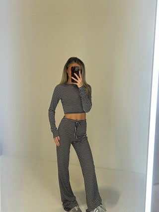 MINNIE Long Sleeved Striped Top & Wide Leg Lounge Set In Chocolate