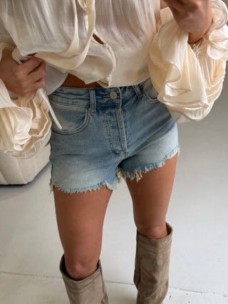 ELLA High Waisted Denim Mini Shorts In Light Blue