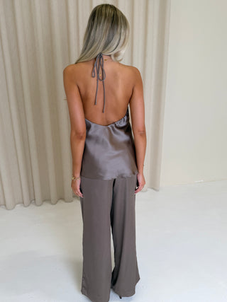 ROMY Satin Halter Neck Top & Trousers Co-Ord In Mocha - PRE ORDER