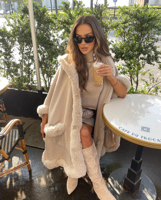 ON THE SLOPES Hooded Faux Fur Trim Cape In Mink