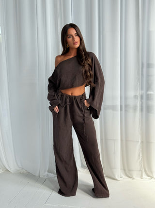 PRE ORDER SHIPS WITHIN 1 WEEK COVA Cheesecloth Off Shoulder Top & Drawstring Trouser Co-Ord In Coco