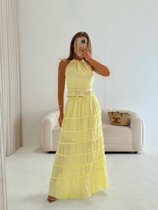 PRE ORDER SHIPS IN 1-2 WEEKS BELLA Cheesecloth Open Back Ruffle Halterneck Top & Maxi Skirt Co-Ord In Limoncello