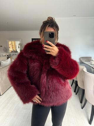 BAMBIE Faux Fur Long Sleeved Jacket In Burgundy