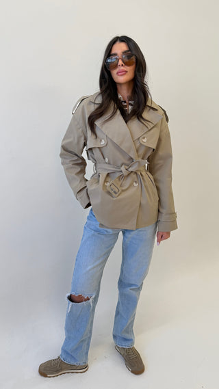SELENE Long Sleeved Button Detail Trench Jacket In Stone