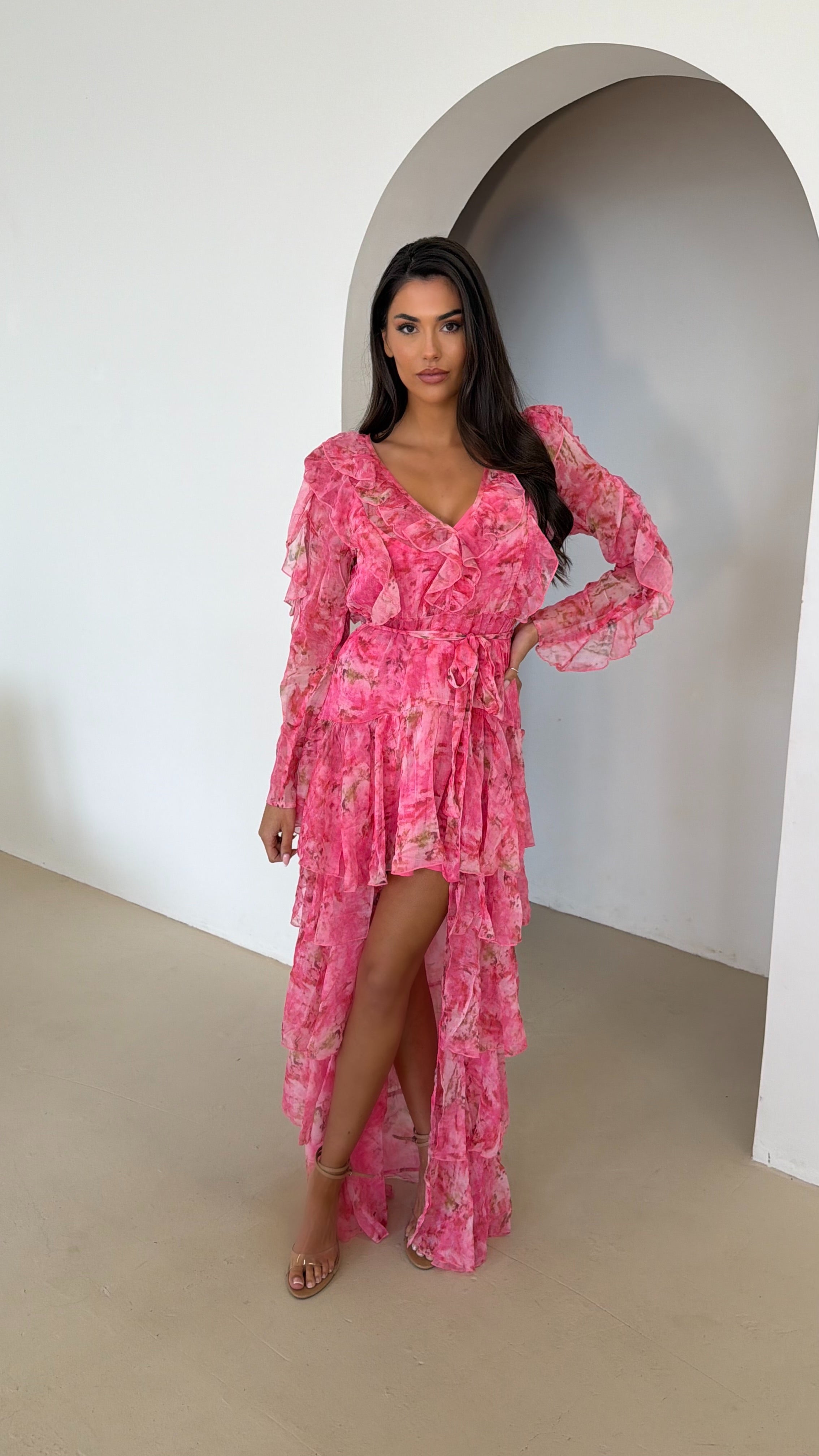 OPHELIA Chiffon Ruffle Maxi Dress in Pink CARAMELLA OPHELIA Chiffon Ruffle Maxi Dress in Pink CARAMELLA