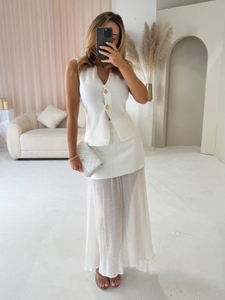 MARGOT Knit Button Waistcoat & Sheer Maxi Skirt Co-Ord In White