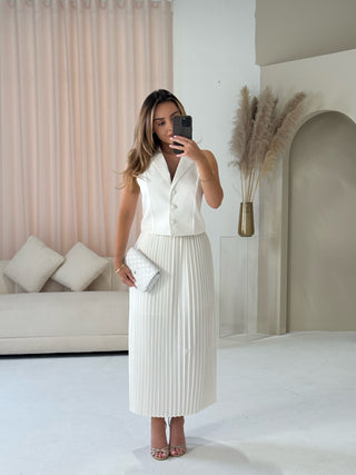 PRE ORDER SHIPS IN 2 WEEKS MONROE Waistcoat & Pleated Maxi Skirt Co-Ord In Ivory