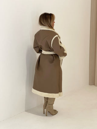 MAPLE Long Sleeved Faux Leather Shearling Lined Belted Midi Coat In Cocoa