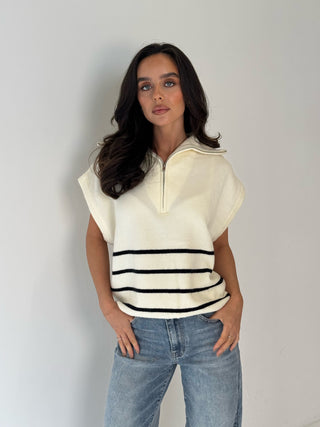 CASSIE Sleeveless Zip Up Knitted Striped Gilet In Cream