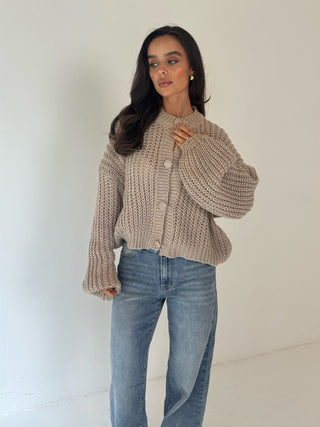 LIBBIE Knitted Balloon Sleeve Button Up Cardigan In Biscuit