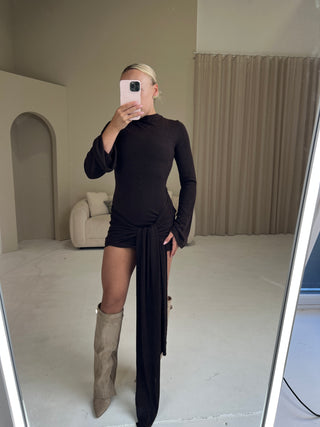 EDEN Long Sleeved Drape Mini Dress In Chocolate