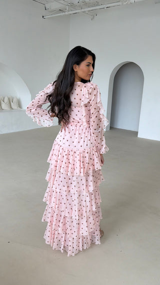 OPHELIA Chiffon Ruffle Maxi Dress In Blush Polka Dot