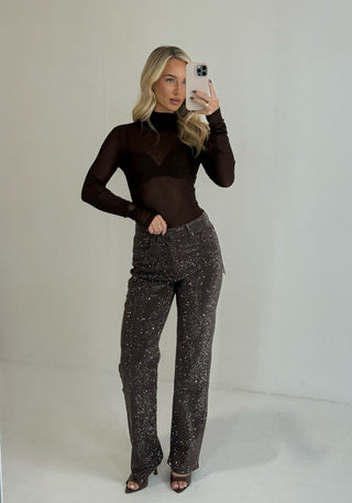 CELESTE Diamante Detail Straight Leg Jeans In Chocolate