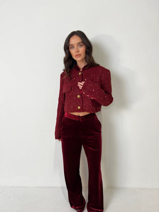 ELEANOR Tweed Cropped Jacket in Burgundy