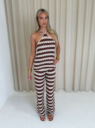 ROMY Crochet Knitted Halter Neck Top & Trousers Co-Ord In Rust Stripe
