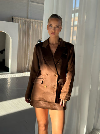 CELINE Satin Look Tailored Oversized Blazer Co-ord Chocolate