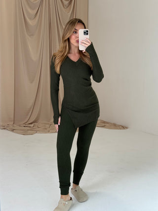 FREYA Long Sleeved V Neck Ribbed Top & Legging Co-Ord In Khaki