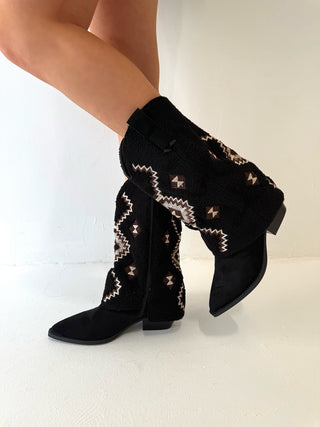 AUTUMN Shearling Fold Over Western Cowboy Boots In Black