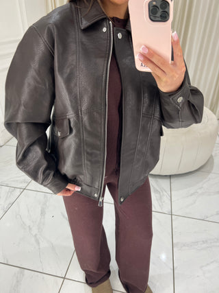 AVA PU Leather Long Sleeved Zip Up Bomber Jacket In Chocolate