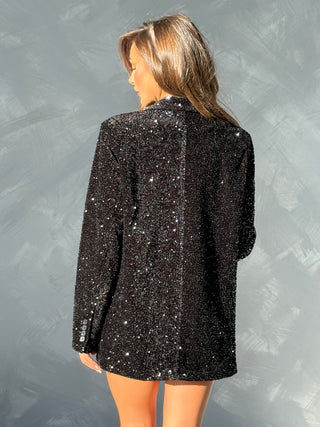 VIENNE Sequin Tailored Button Up Blazer In Black