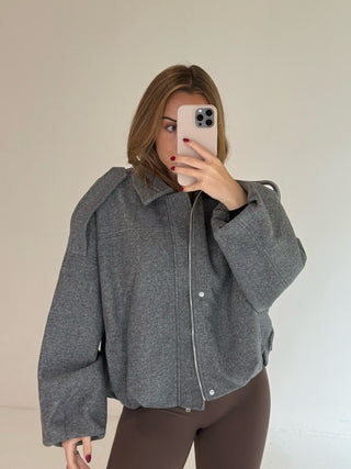 BONNIE Wool Look Long Sleeved Zip Up Bomber Jacket In Grey