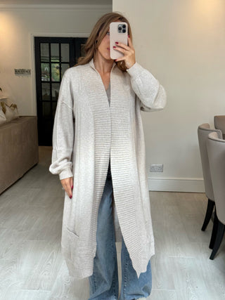 WILLOW Longline Pocket Open Cardigan In Beige