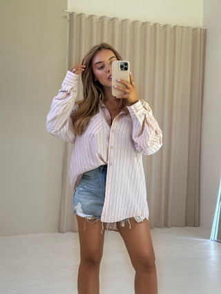 SELENE Striped Oversized Button Up Shirt In Soft Pink