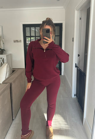 LULU Half Zip Knitted Lounge Set In Burgundy