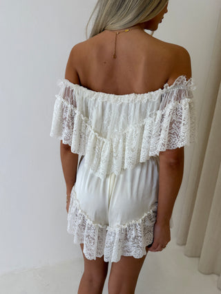 CAMILA Bardot Lace Detail Satin Belted Playsuit In Vanilla Cream
