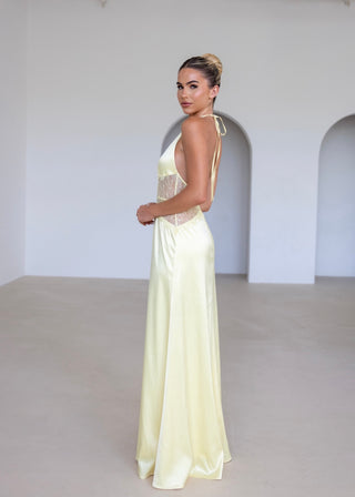 Caramella LORENA Lace Detail Satin Backless Maxi Dress In Lemon