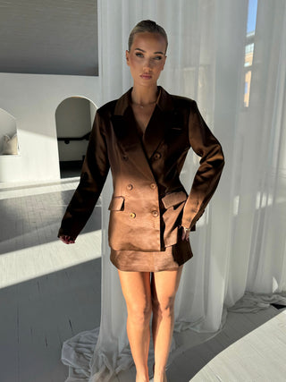 CELINE Satin Look Tailored Oversized Blazer Co-ord Chocolate