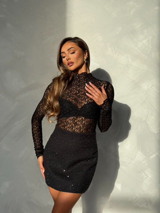 MAURA Diamanté Embellished Lace Bodysuit In Black