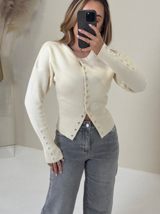 VERA Long Sleeved Knit Button Up Cardigan In Vanilla