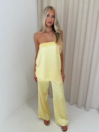 SEREN Satin Bandeau Top & Wide Leg Trousers Co-Ord In Lemon