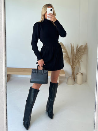 CAPUCINE High Neck Knit Jumper & Pleated Skirt Co-Ord In Black