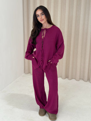 BEAU Bow Detail Knitted Jumper And Trouser Loungewear In Raspberry