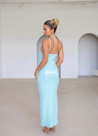 Caramella LARISSA Strappy Sequin Maxi Dress & Corsage Neck Tie In Celeste Blue