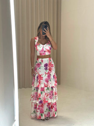 PRE ORDER SHIPS 24/05 GIGI Ruffle Skirt Floral Print Co-ord in Pink in