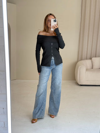 MICAH Bardot Long Sleeved Button Up Top In Charcoal