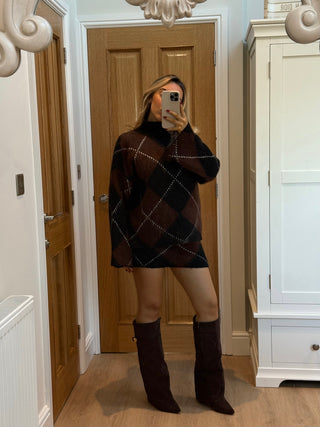 GRACE High Neck Knitted Argyle Jumper & Mini Skirt Co-Ord In Chocolate