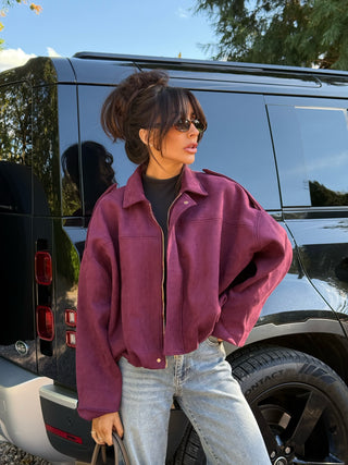 PRE ORDER SHIPS 1/2 WEEKS MAPLE Long Sleeved Suede Look Bomber Jacket In Plum