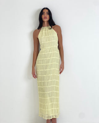 CAPRICE Chiffon Halterneck Tie Back Ruffle Maxi Dress In Lemon