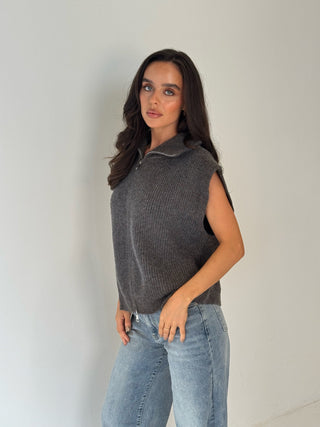 GRACE Sleeveless Zip Up Knitted Collar Gilet In Grey