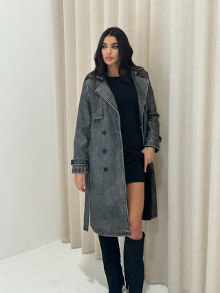 MICAH Leather Look Trench Coat in Slate Grey