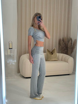 CASSIE Ruched Detail T Shirt and Lounge Fold Over Pant Set in Grey Marl